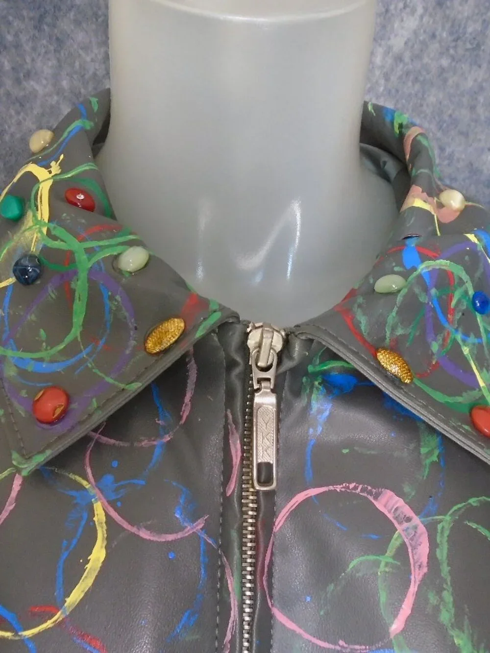 Vegan Leather Jacket with Eclectic Multicolor  Art Hobo Chic Edgy OOAK Unique - Picture 4 of 13